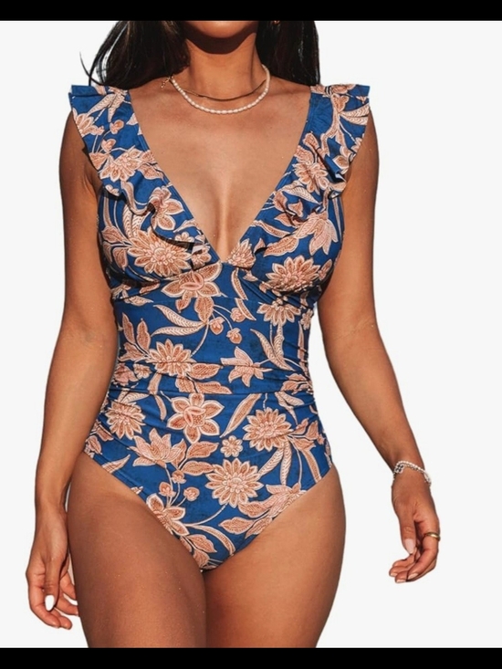 Cupshe Other - Cupshe Blue One-Piece Swimsuit with Peach Floral Print